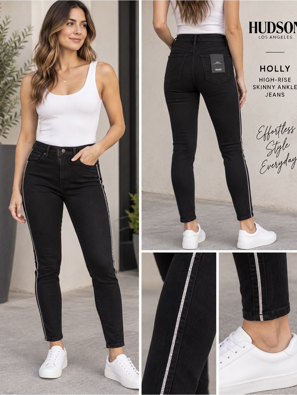 Hudson Holly High-Rise Skinny Ankle Jeans in Black with Side Stripe Size 29